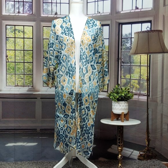 NWT SONOMA WATERCOLOR IKAT LONG KIMONO (IVORY MULTI / OS) - Picture 4 of 11